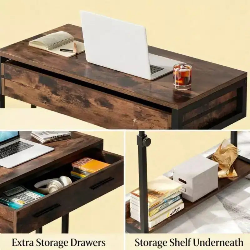 NAYSAYE Mobile Office Desk End Table Height Adjustable Rolling Writing Table with Drawer Shelf for Home Office, Black and Brown, 31.52*17.73*42.16
