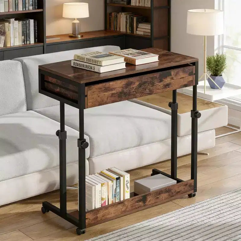 NAYSAYE Mobile Office Desk End Table Height Adjustable Rolling Writing Table with Drawer Shelf for Home Office, Black and Brown, 31.52*17.73*42.16