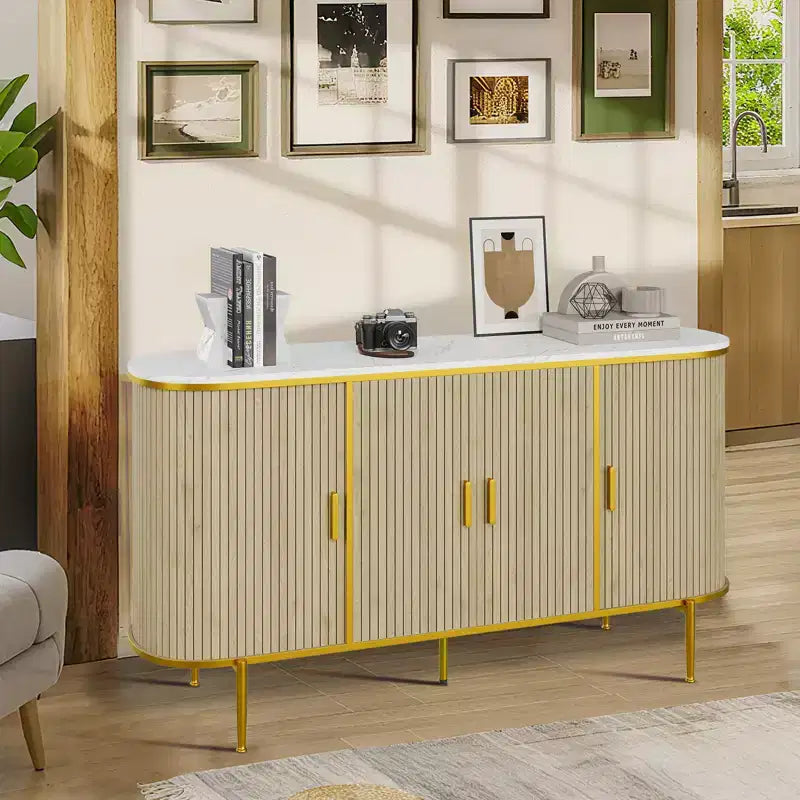 59 Sideboard Buffet Cabinet with Storage, Fluted Console Cabinet with Metal Legs, Faux Marble Top, Mid Century Modern Cabinets for Dining Room