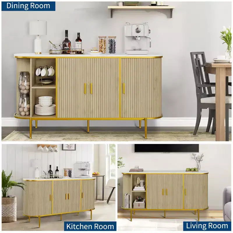 59 Sideboard Buffet Cabinet with Storage, Fluted Console Cabinet with Metal Legs, Faux Marble Top, Mid Century Modern Cabinets for Dining Room