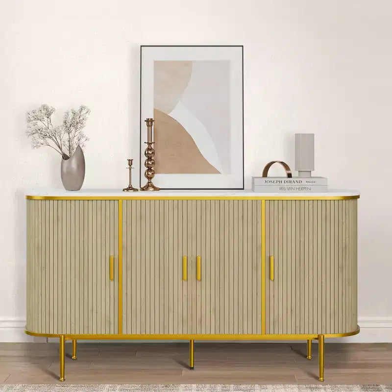 59 Sideboard Buffet Cabinet with Storage, Fluted Console Cabinet with Metal Legs, Faux Marble Top, Mid Century Modern Cabinets for Dining Room