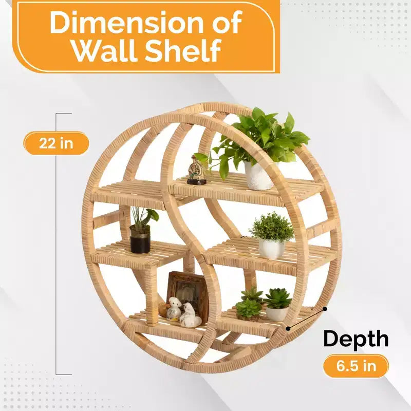 Vintiquewise Round Bamboo Wall Shelf with 3-Tier Wooden Display, Boho Circle Hanging Shelf for Living Room, Bedroom & Home Decor