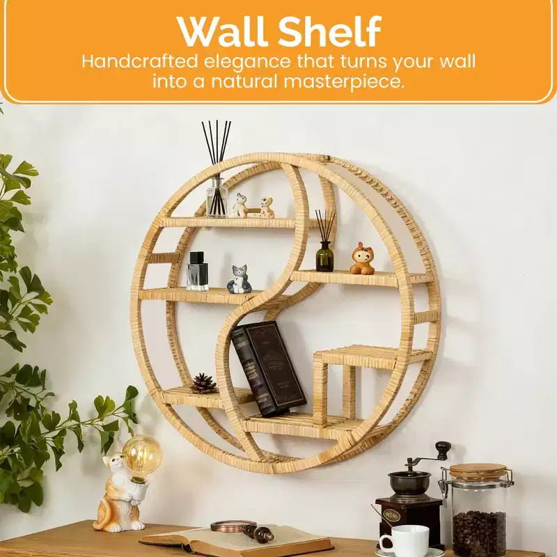 Vintiquewise Round Bamboo Wall Shelf with 3-Tier Wooden Display, Boho Circle Hanging Shelf for Living Room, Bedroom & Home Decor
