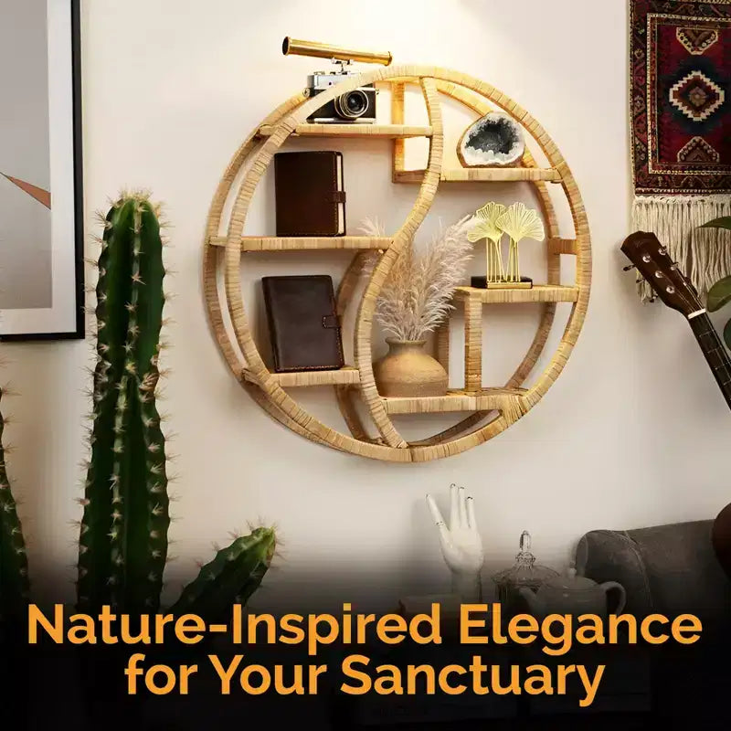 Vintiquewise Round Bamboo Wall Shelf with 3-Tier Wooden Display, Boho Circle Hanging Shelf for Living Room, Bedroom & Home Decor