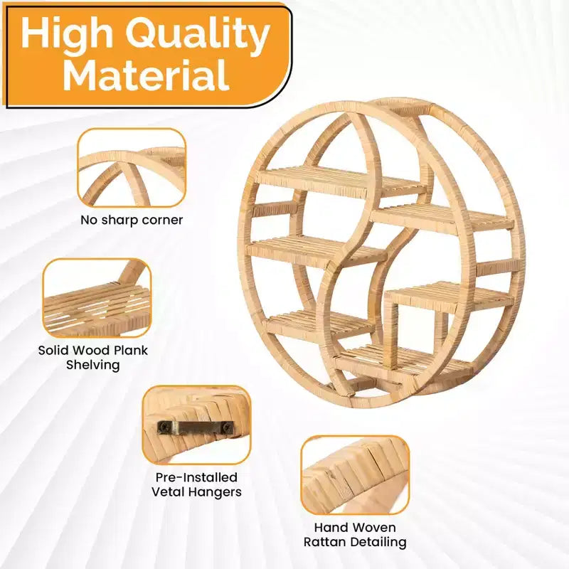 Vintiquewise Round Bamboo Wall Shelf with 3-Tier Wooden Display, Boho Circle Hanging Shelf for Living Room, Bedroom & Home Decor
