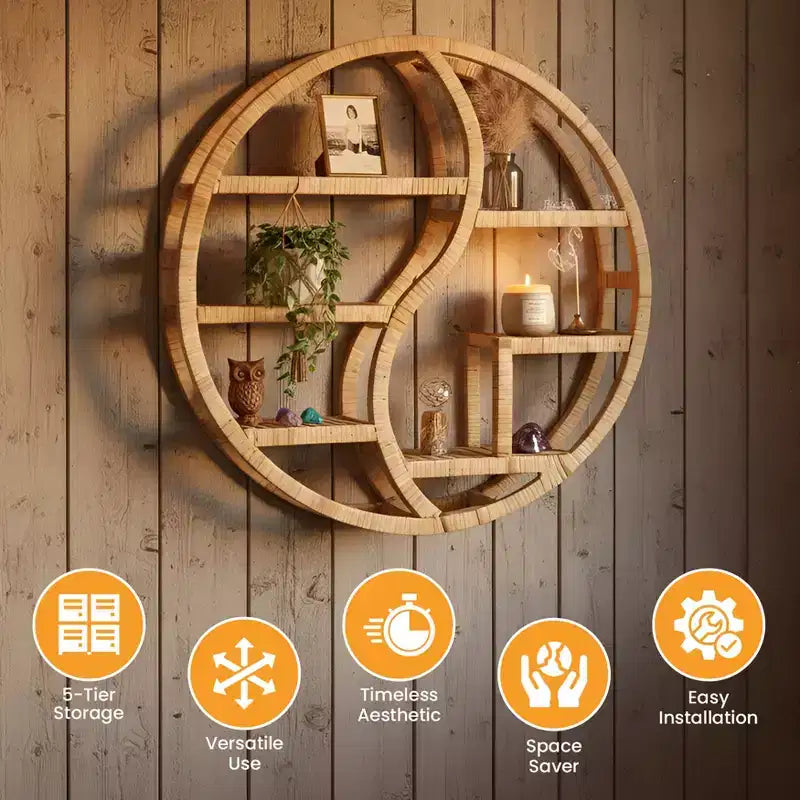 Vintiquewise Round Bamboo Wall Shelf with 3-Tier Wooden Display, Boho Circle Hanging Shelf for Living Room, Bedroom & Home Decor