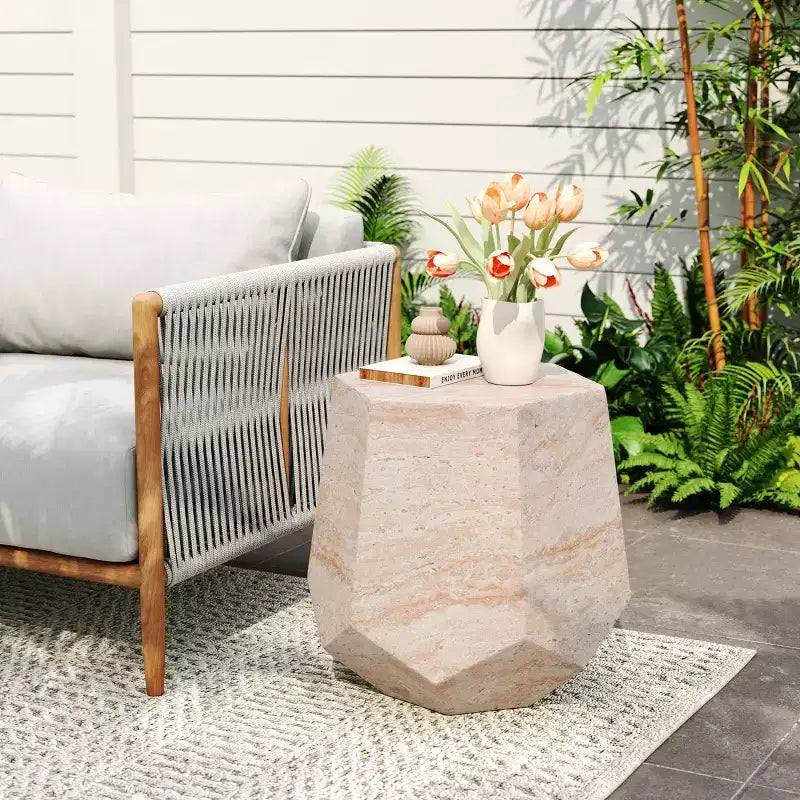 Lightweight Concrete Outdoor Side Table  Modern Sculptural Design, Weather-Resistant & Easy to Move for Patio, Balcony or Garden