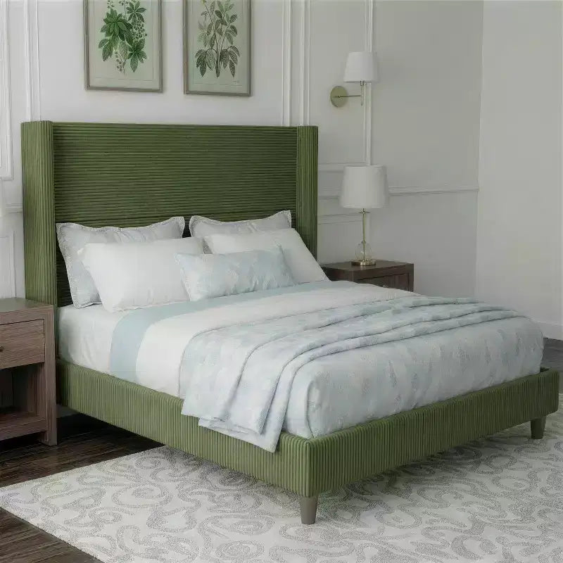 Dyonery Queen Upholstered Platform Bed Frame with 51.2 Tall Wingback HeadboardCSolid Wood Legs, No Box Spring Needed, Beige LinenCModern Style