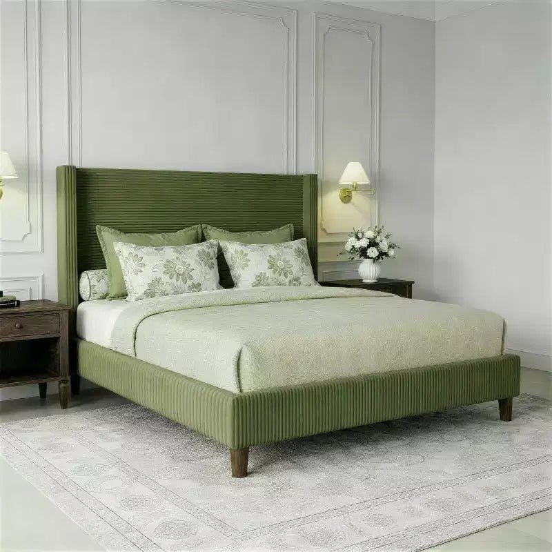 Dyonery Queen Upholstered Platform Bed Frame with 51.2 Tall Wingback HeadboardCSolid Wood Legs, No Box Spring Needed, Beige LinenCModern Style