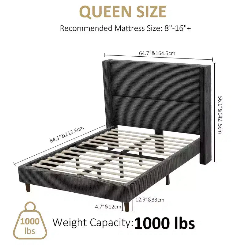 Dyonery Queen Upholstered Platform Bed Frame with 51.2 Tall Wingback HeadboardCSolid Wood Legs, No Box Spring Needed, Beige LinenCModern Style