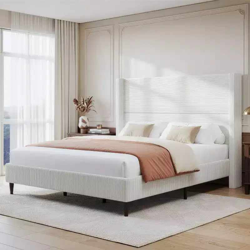 Dyonery Queen Upholstered Platform Bed Frame with 51.2 Tall Wingback HeadboardCSolid Wood Legs, No Box Spring Needed, Beige LinenCModern Style