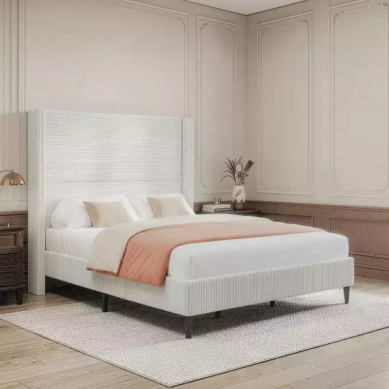 Dyonery Queen Upholstered Platform Bed Frame with 51.2 Tall Wingback HeadboardCSolid Wood Legs, No Box Spring Needed, Beige LinenCModern Style