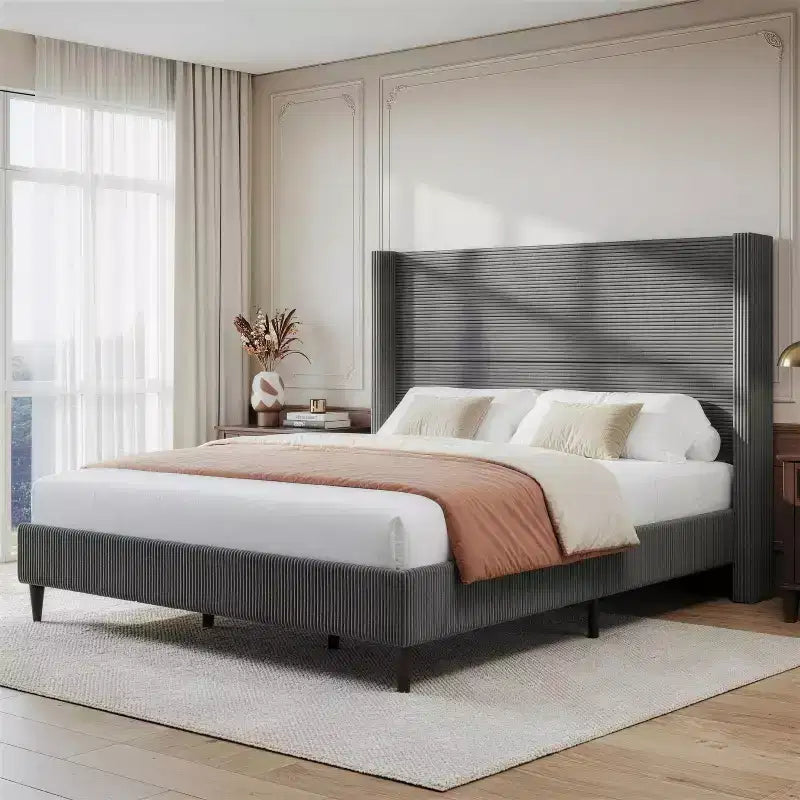 Dyonery Queen Upholstered Platform Bed Frame with 51.2 Tall Wingback HeadboardCSolid Wood Legs, No Box Spring Needed, Beige LinenCModern Style