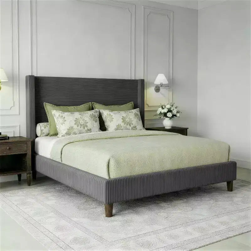 Dyonery Queen Upholstered Platform Bed Frame with 51.2 Tall Wingback HeadboardCSolid Wood Legs, No Box Spring Needed, Beige LinenCModern Style
