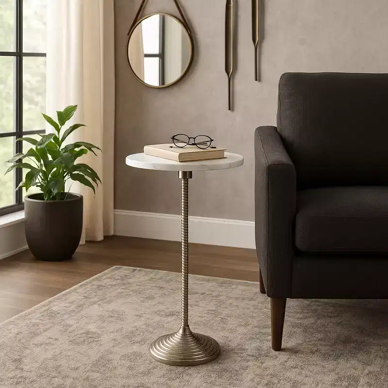 Contemporary End and Side Table with Marble Top for Home Decor - Small Table Stand for Bedside, Bedroom, or Drink Table