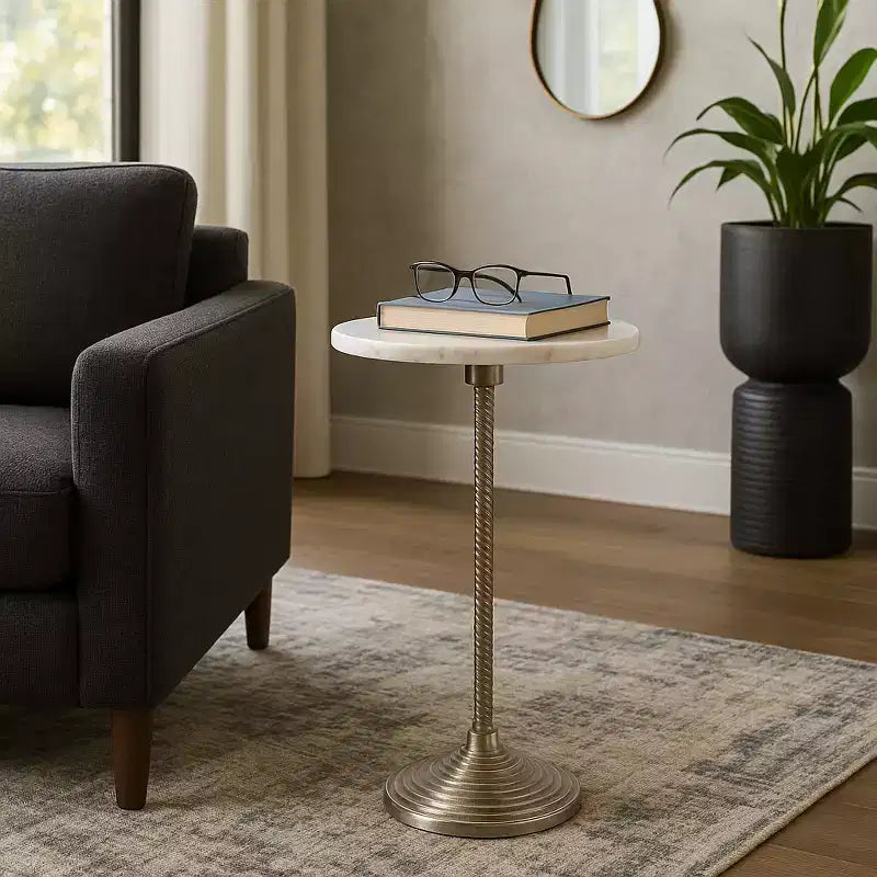 Contemporary End and Side Table with Marble Top for Home Decor - Small Table Stand for Bedside, Bedroom, or Drink Table