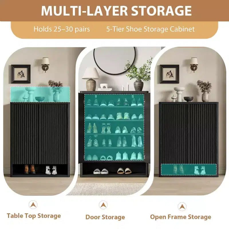 Shoe Cabinet, Entryway Cabinet 2 pack 63 Tall Black Wooden Cabinet Fluted Grille Door Adjustable Shelves Holds 50-60 Pairs
