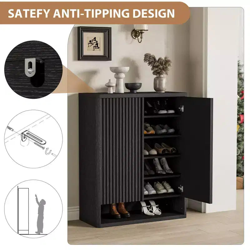 Shoe Cabinet, Entryway Cabinet 2 pack 63 Tall Black Wooden Cabinet Fluted Grille Door Adjustable Shelves Holds 50-60 Pairs