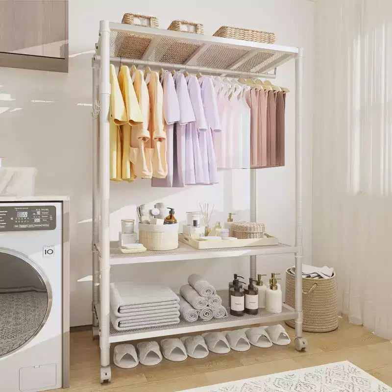 Appendiabiti mobile resistente con ripiani regolabili, organizer portatile in metallo per vestiti, armadio portatile per appendere i vestiti, beige