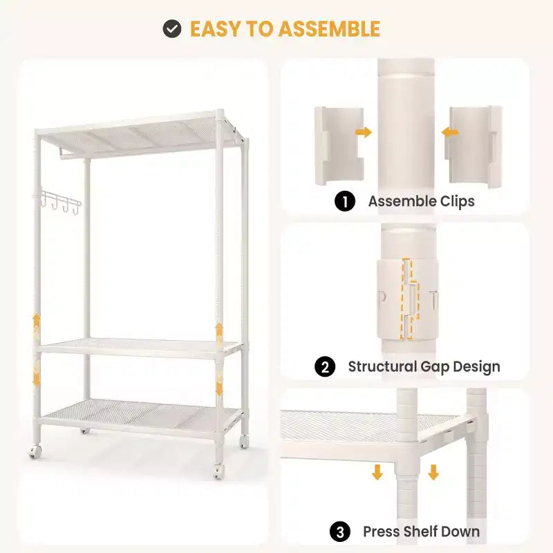 Appendiabiti mobile resistente con ripiani regolabili, organizer portatile in metallo per vestiti, armadio portatile per appendere i vestiti, beige