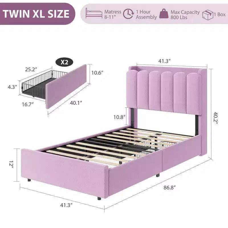 Twin Size Bed Frame with 2 Drawers, Storage Bed with Wavy Headboard, Upholstered Platform Bed for Girls, No Box Spring Needed, Deep pink