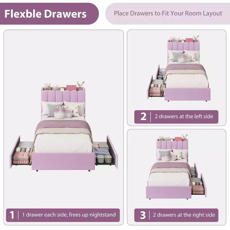 Twin Size Bed Frame with 2 Drawers, Storage Bed with Wavy Headboard, Upholstered Platform Bed for Girls, No Box Spring Needed, Deep pink