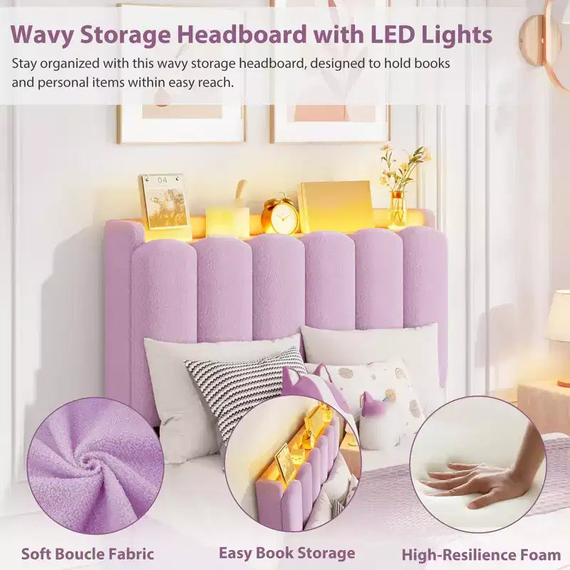 Twin Size Bed Frame with 2 Drawers, Storage Bed with Wavy Headboard, Upholstered Platform Bed for Girls, No Box Spring Needed, Deep pink