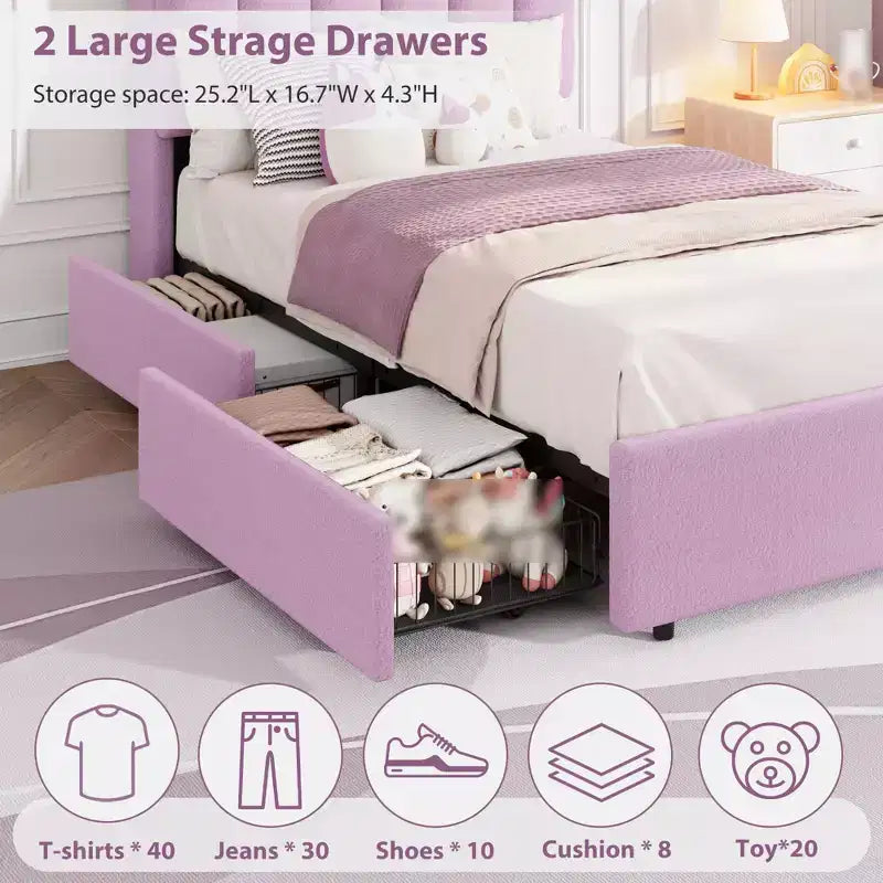 Twin Size Bed Frame with 2 Drawers, Storage Bed with Wavy Headboard, Upholstered Platform Bed for Girls, No Box Spring Needed, Deep pink