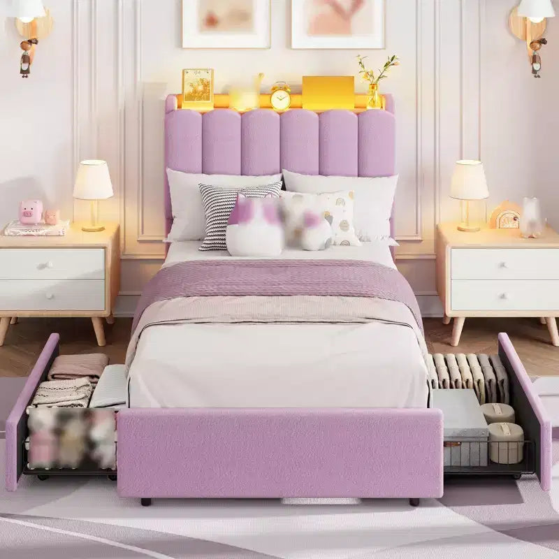 Twin Size Bed Frame with 2 Drawers, Storage Bed with Wavy Headboard, Upholstered Platform Bed for Girls, No Box Spring Needed, Deep pink