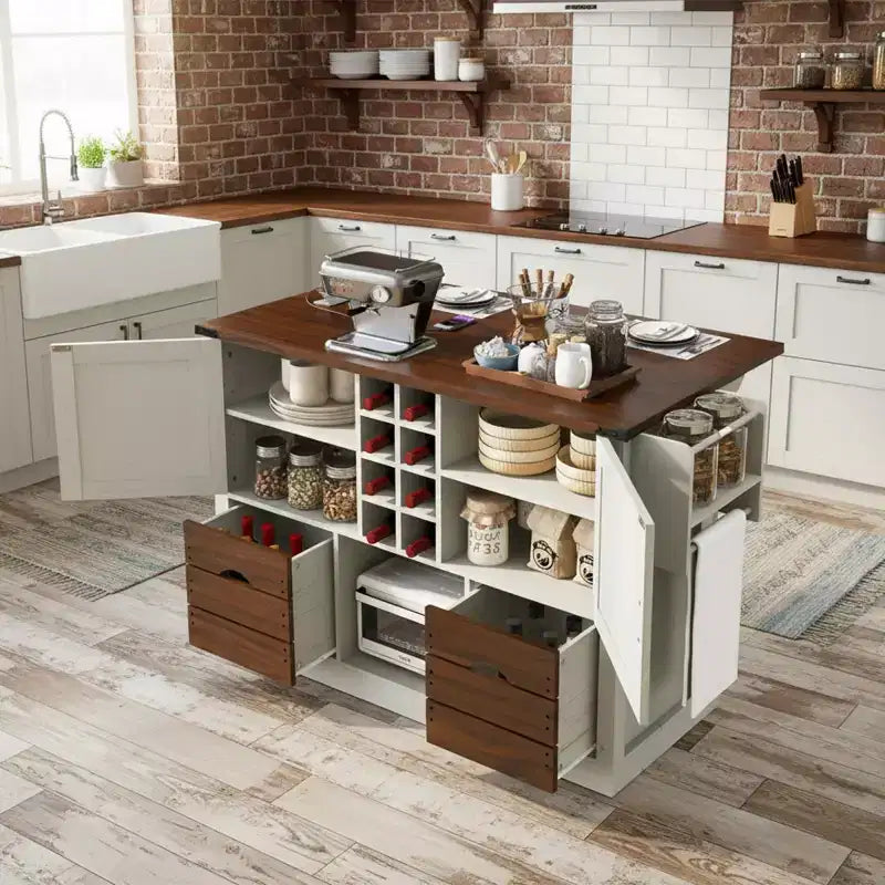 54 Farmhouse Rolling Kitchen Cart with Drop Leaf, Mobile Kitchen Storage Island with Large Wheels for Kitchen or Dining Room-Panipeachy