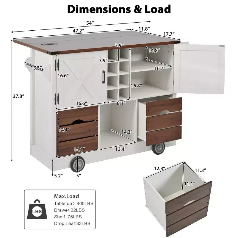 54 Farmhouse Rolling Kitchen Cart with Drop Leaf, Mobile Kitchen Storage Island with Large Wheels for Kitchen or Dining Room-Panipeachy