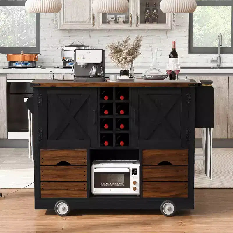 54 Farmhouse Rolling Kitchen Cart with Drop Leaf, Mobile Kitchen Storage Island with Large Wheels for Kitchen or Dining Room-Panipeachy