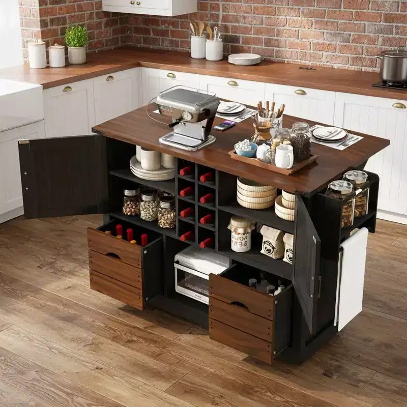 54 Farmhouse Rolling Kitchen Cart with Drop Leaf, Mobile Kitchen Storage Island with Large Wheels for Kitchen or Dining Room-Panipeachy