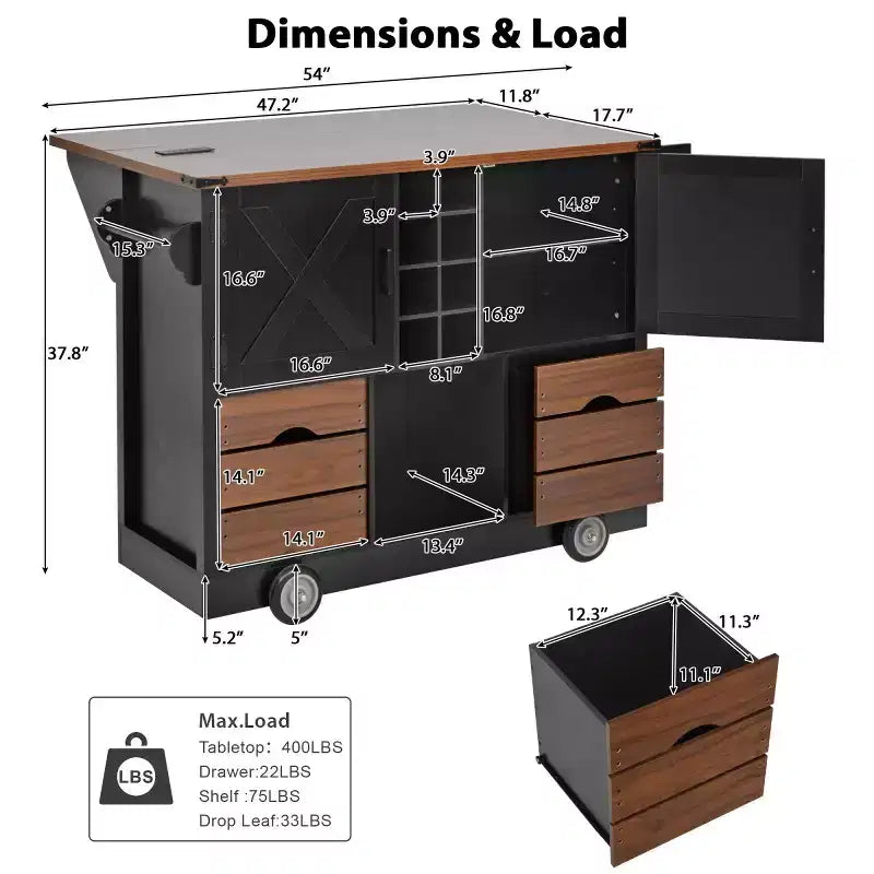 54 Farmhouse Rolling Kitchen Cart with Drop Leaf, Mobile Kitchen Storage Island with Large Wheels for Kitchen or Dining Room-Panipeachy
