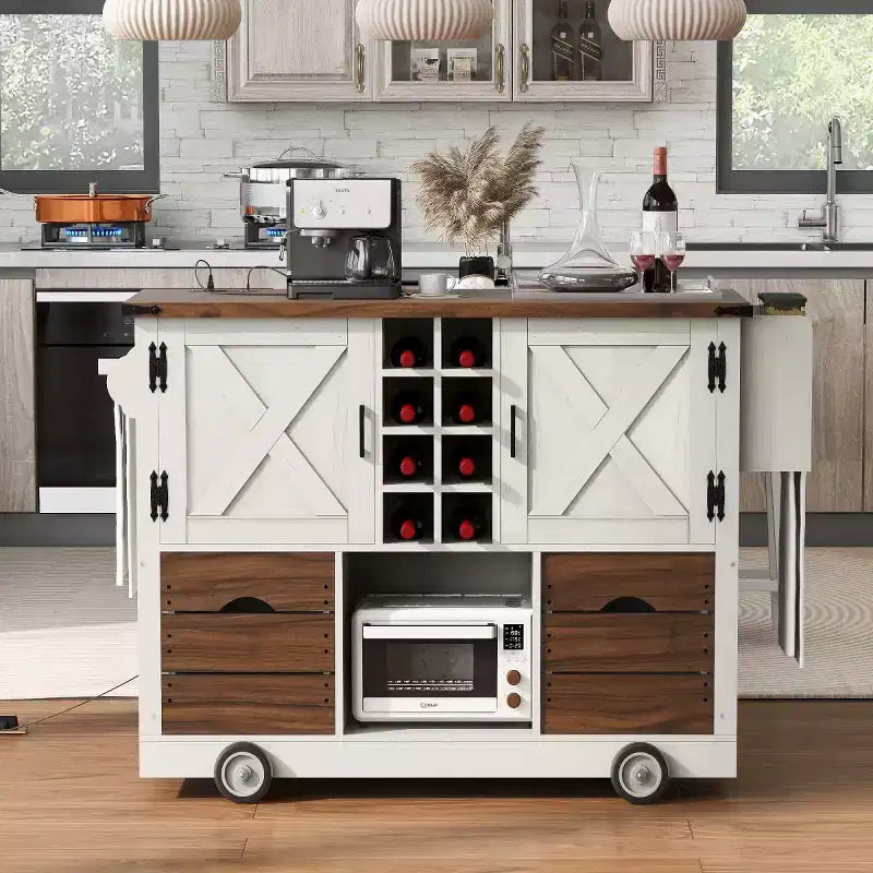 54 Farmhouse Rolling Kitchen Cart with Drop Leaf, Mobile Kitchen Storage Island with Large Wheels for Kitchen or Dining Room-Panipeachy
