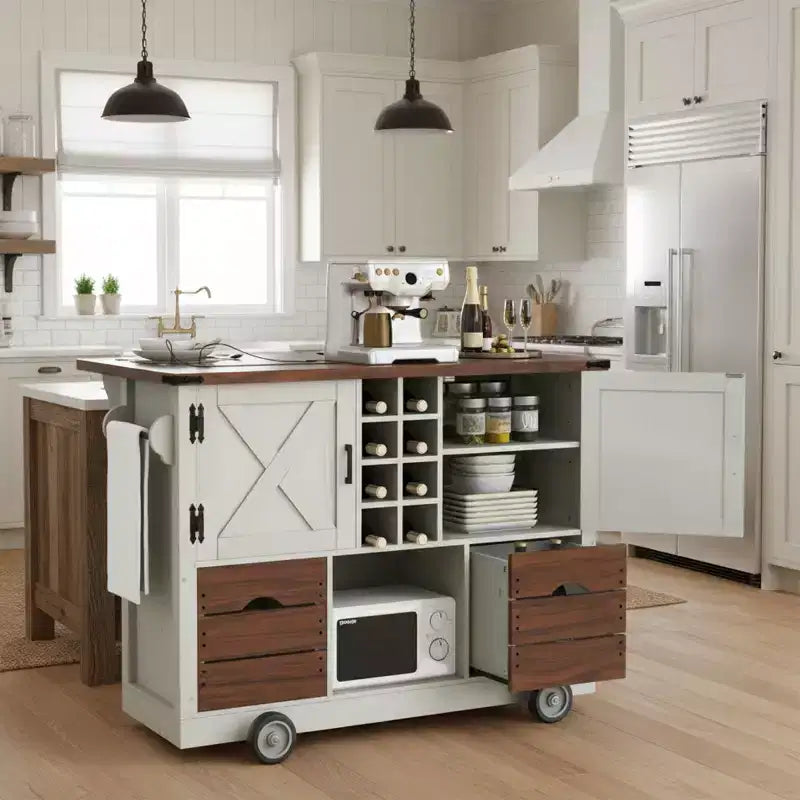 54 Farmhouse Rolling Kitchen Cart with Drop Leaf, Mobile Kitchen Storage Island with Large Wheels for Kitchen or Dining Room-Panipeachy