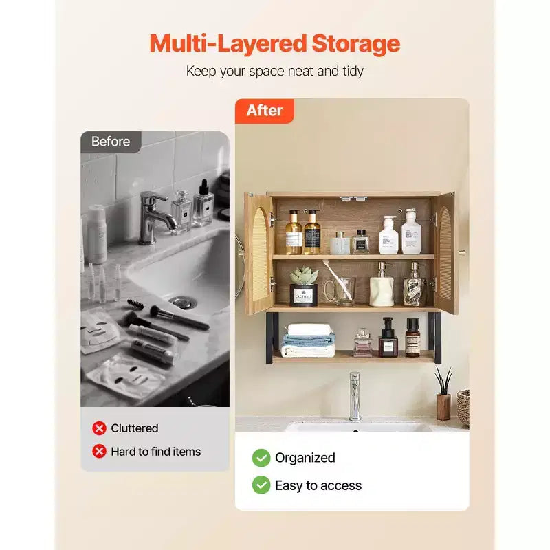 Wall Mounted Bathroom Storage Cabinet with 2 Doors Adjustable Shelf and Open Compartment White