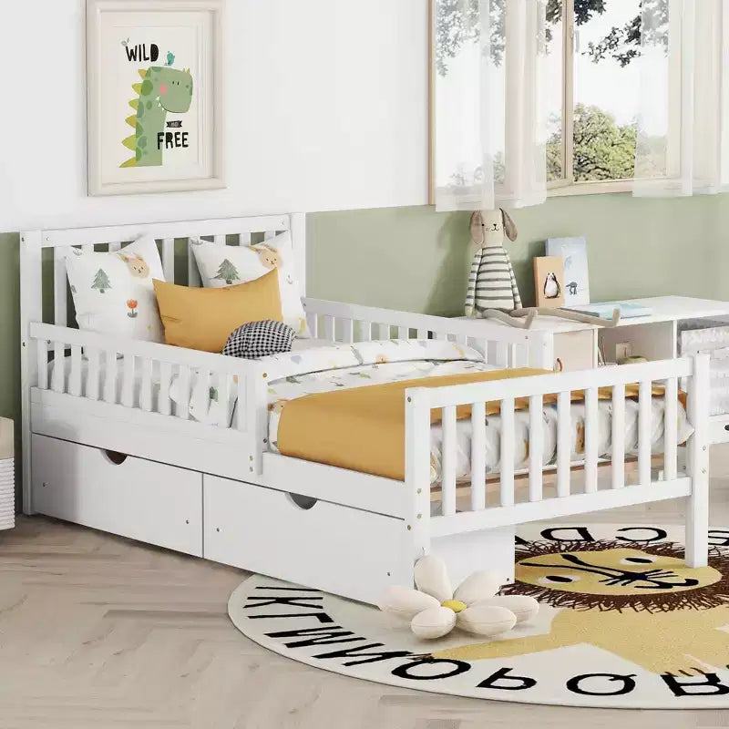 MAYEERTY Twin Size Wood Platform Bed with Guardrails on Both Sides and Two Storage Drawers White