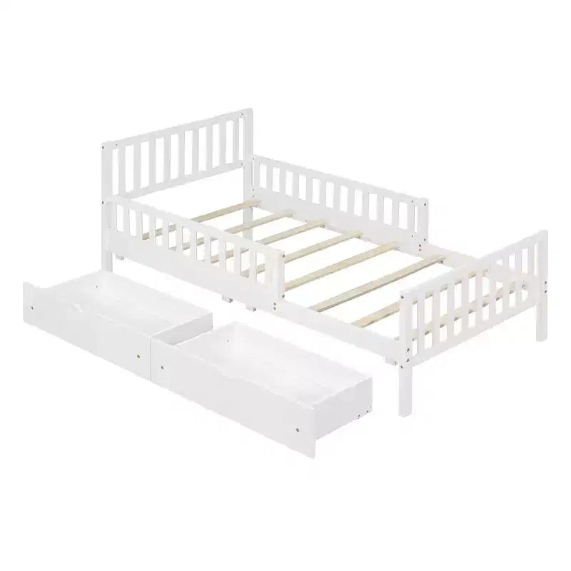 MAYEERTY Twin Size Wood Platform Bed with Guardrails on Both Sides and Two Storage Drawers White