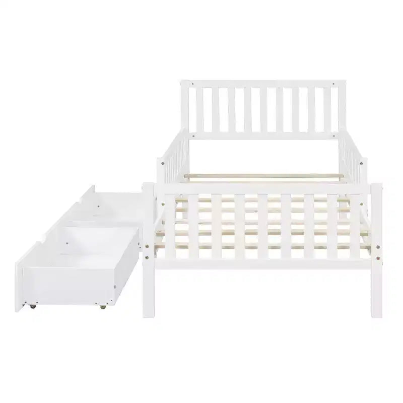MAYEERTY Twin Size Wood Platform Bed with Guardrails on Both Sides and Two Storage Drawers White