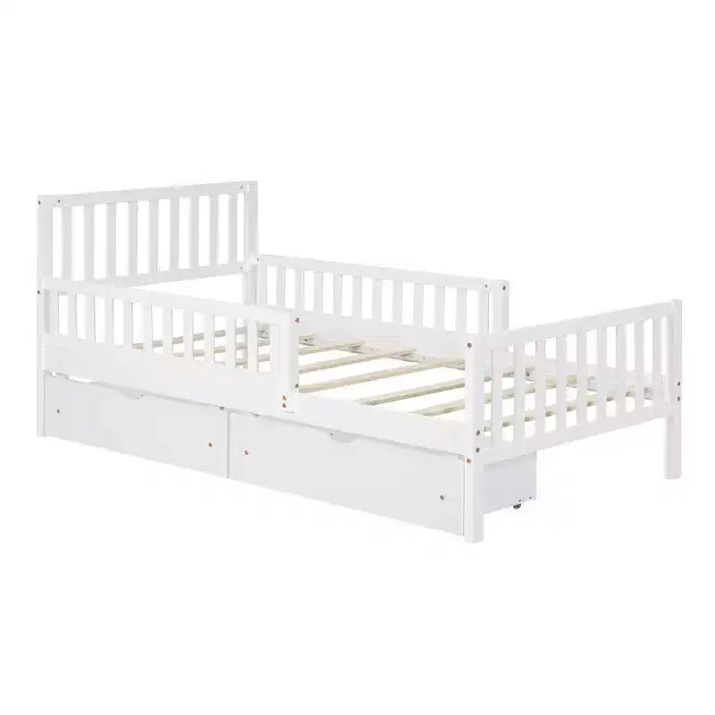 MAYEERTY Twin Size Wood Platform Bed with Guardrails on Both Sides and Two Storage Drawers White
