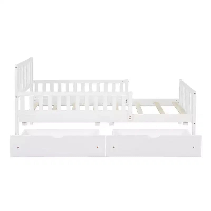 MAYEERTY Twin Size Wood Platform Bed with Guardrails on Both Sides and Two Storage Drawers White