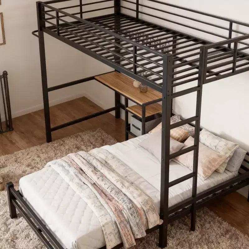 GDFStudio Benson Modern Metal Twin Over Twin L-Shaped Bunk Bed with Desk Station and Drawers