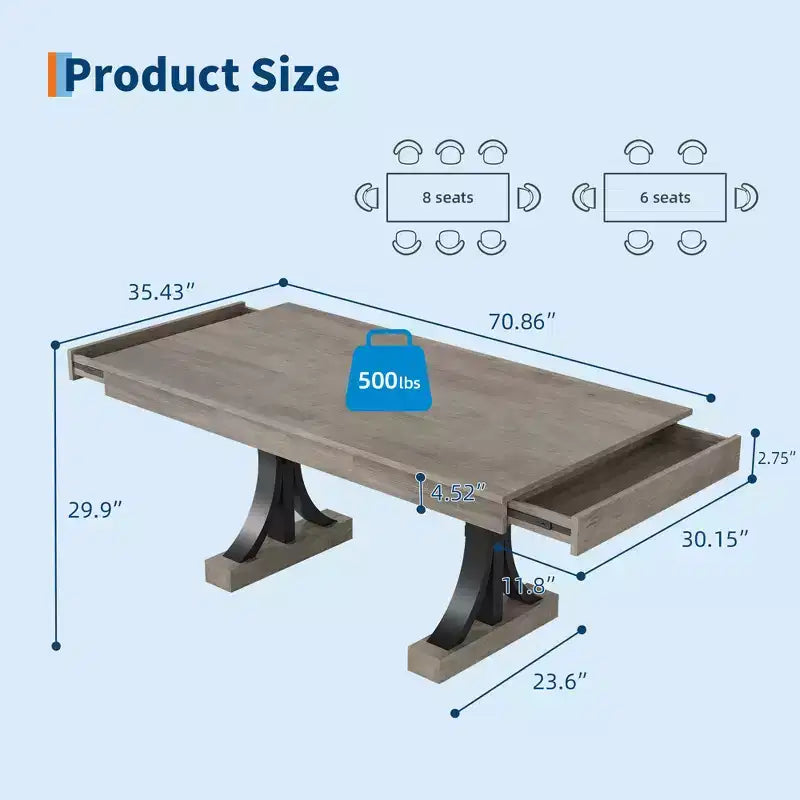 71-Inch Dining Table for 6-8 People,Wooden Kitchen Table with 2 Drawers,Rectangular Farmhouse Dinner Table with Double Pedestal