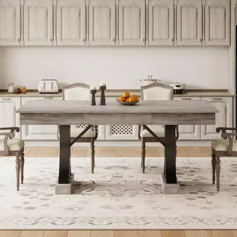 71-Inch Dining Table for 6-8 People,Wooden Kitchen Table with 2 Drawers,Rectangular Farmhouse Dinner Table with Double Pedestal