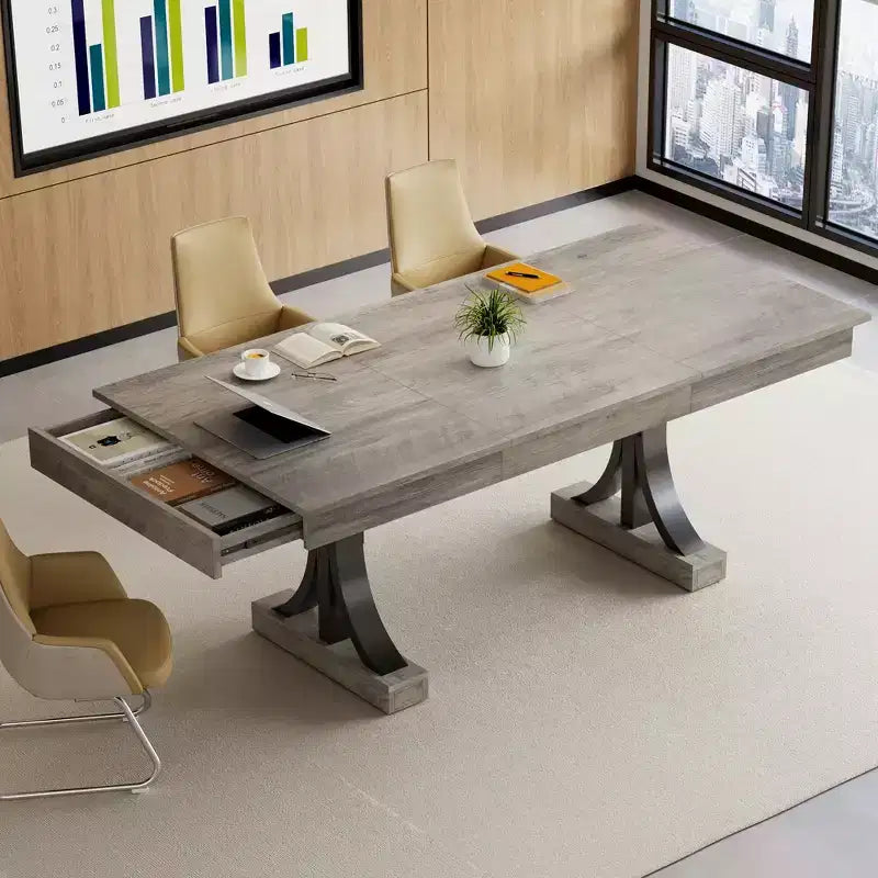 71-Inch Dining Table for 6-8 People,Wooden Kitchen Table with 2 Drawers,Rectangular Farmhouse Dinner Table with Double Pedestal
