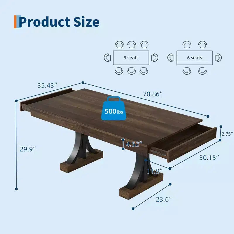 71-Inch Dining Table for 6-8 People,Wooden Kitchen Table with 2 Drawers,Rectangular Farmhouse Dinner Table with Double Pedestal