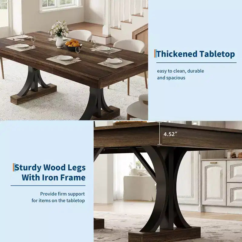 71-Inch Dining Table for 6-8 People,Wooden Kitchen Table with 2 Drawers,Rectangular Farmhouse Dinner Table with Double Pedestal