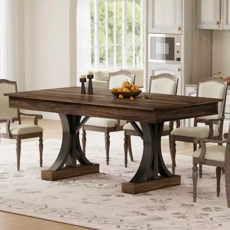 71-Inch Dining Table for 6-8 People,Wooden Kitchen Table with 2 Drawers,Rectangular Farmhouse Dinner Table with Double Pedestal