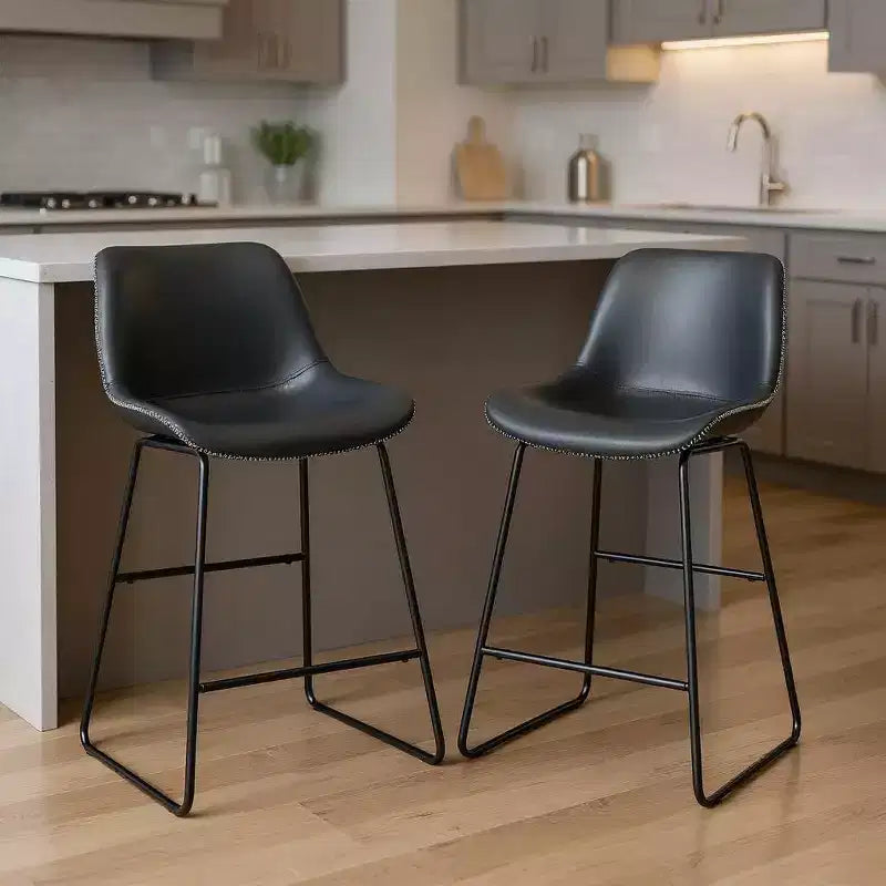 HomeRoots Set of Two Black Faux Leather and Metal Low Back Counter Height Bar Chairs